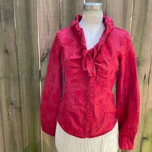 NARACAMICIE Embroidered Red Taffeta Ruffle BLOUSE sz 3 Medium